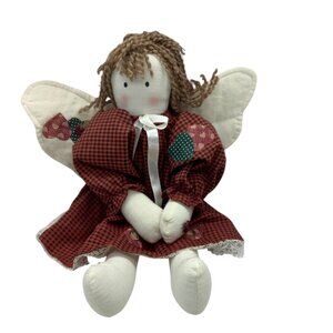 Vtg Christmas Folk Art Rag Doll Angel Brown Yarn Hair & Red Gingham Dress 14"